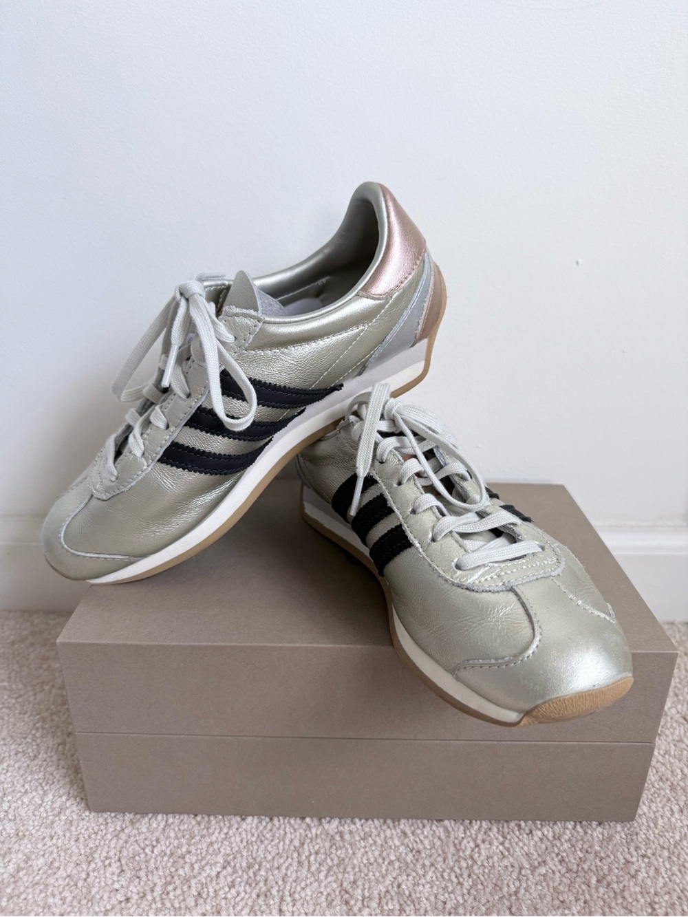 adidas Women's Sambas Metallic Sneakers with Black Stripes and Rose Gold Heel